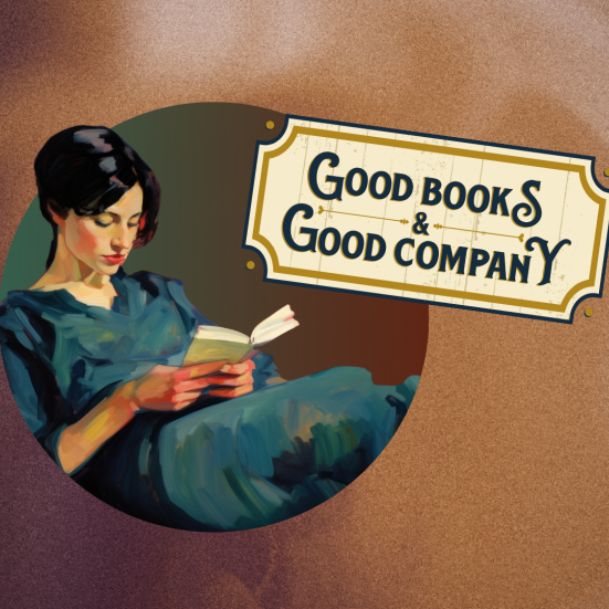 Ung kvinde læser en bog. Tekst: Good books & Good Company