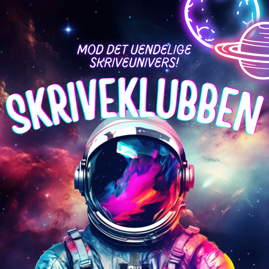 En astronaut står med en galaktisk baggrund. 