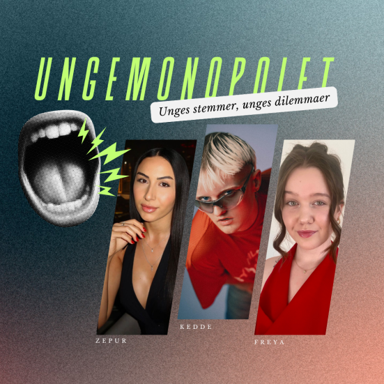 Zepur Sofia Margarian, Kedde og Freya Petersen vises på en lys og mørk baggrund. Øverst står teksten "Ungemonopolet: unges stemmer, unges dilemmaer" sammen med en åben mund