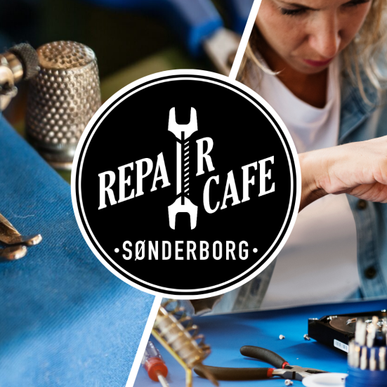 Blåt stof syes med symaskine, og kvinde reparerer elektronik. I midten ses Repair Café Sønderborgs logo.