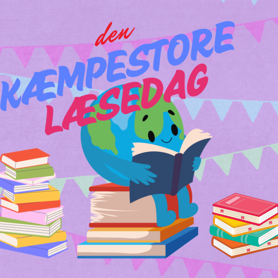 Animeret foto af en jordklode der læser i en bog oven på en stabel bøger. Skrift påsat med teksten Den kæmpestore læsedag.