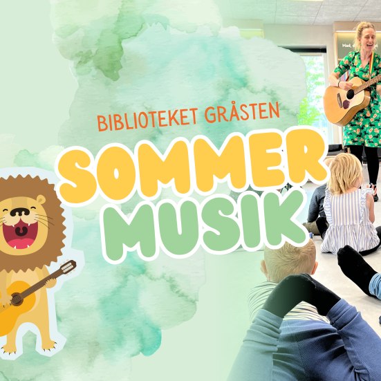 En kvinde med en guitar foran en gruppe børn, en animeret løve med en guitar og teksten sommermusik