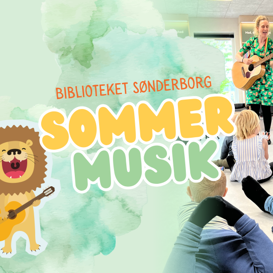 En kvinde med en guitar foran en gruppe børn, en animeret løve med en guitar og teksten sommermusik