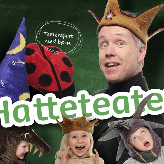 En mand med en kongekronehat og tre børn med hatte på. 