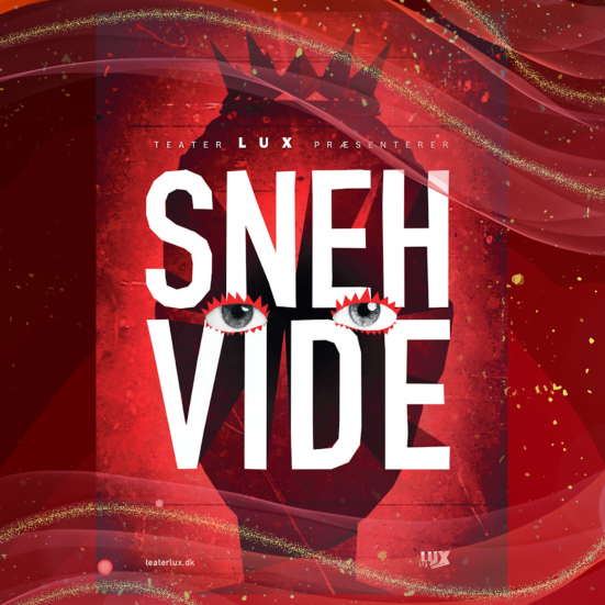 Collagebillede i røde nuancer, der forestiller et kvindehoved med en krone på og påsatte øjne.