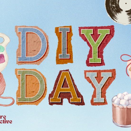 DIY DAY text with vinyl, painting, and hot chocolate with marshmellows on the side