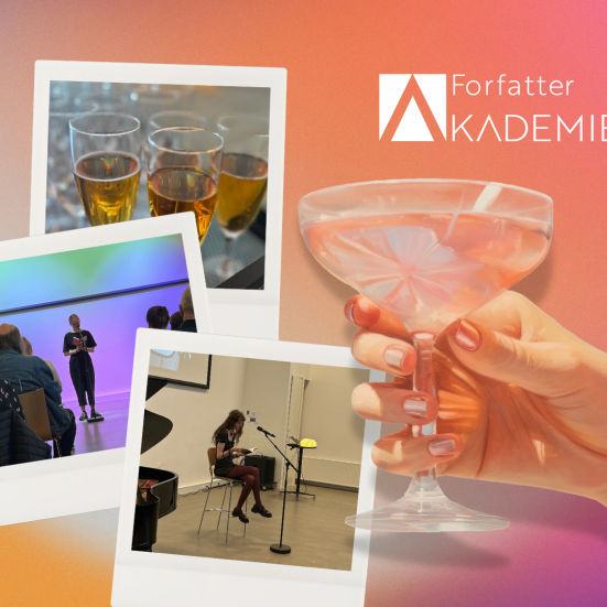 Til højre ses Forfatterakademiets logo og en hånd med et glas bobler, til venstre ses 3 polaridfotografier med bobler og oplæsninger 