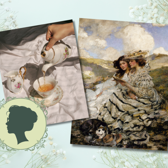 Miss Wiinholts logo og to billeder af henholdsvis te, der bliver hældt op og to kvinder, der læser sammen