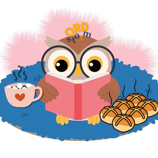 En ugle sidder og læser med kakao og lune boller.