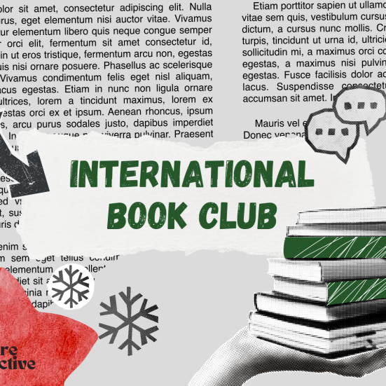 Grey field with a stack of green books being held in the front, the Culture Collective-logo is on, and there is a christmas-theme