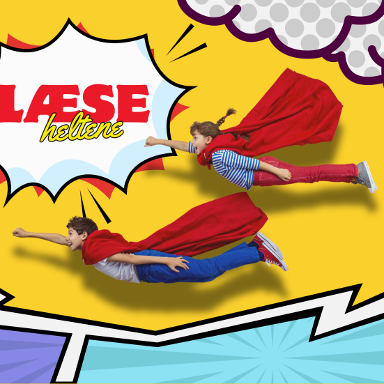 To børn i superheltekostumer flyver på en gul baggrund med indsatte tegneserieeffekter