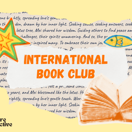 International Book Club logo written in orange on a grey and yellow background 