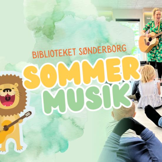 En kvinde med en guitar foran en gruppe børn, en animeret løve med en guitar og teksten sommermusik