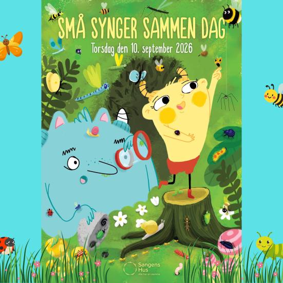 Et blåt monster og et gult monster står i en skov omgivet af træer, blomster og insekter. 