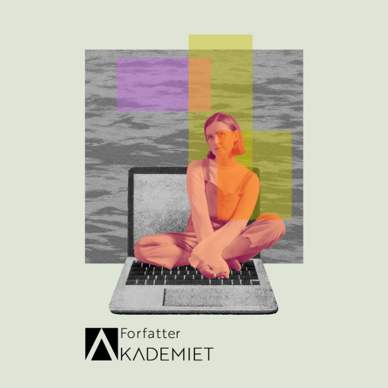 En pige sidder med benene over kors på en computer. Forfatterakademiets logo er under