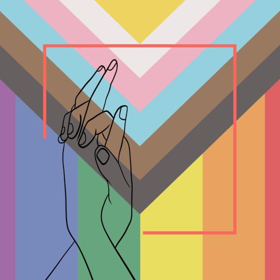 To hænder i stregtegning med krydsede fingre foran en farverig pride-baggrund.