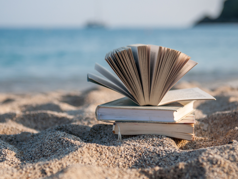 En bunke bøger ligger i sandet på en strand. I baggrunden ses havet.