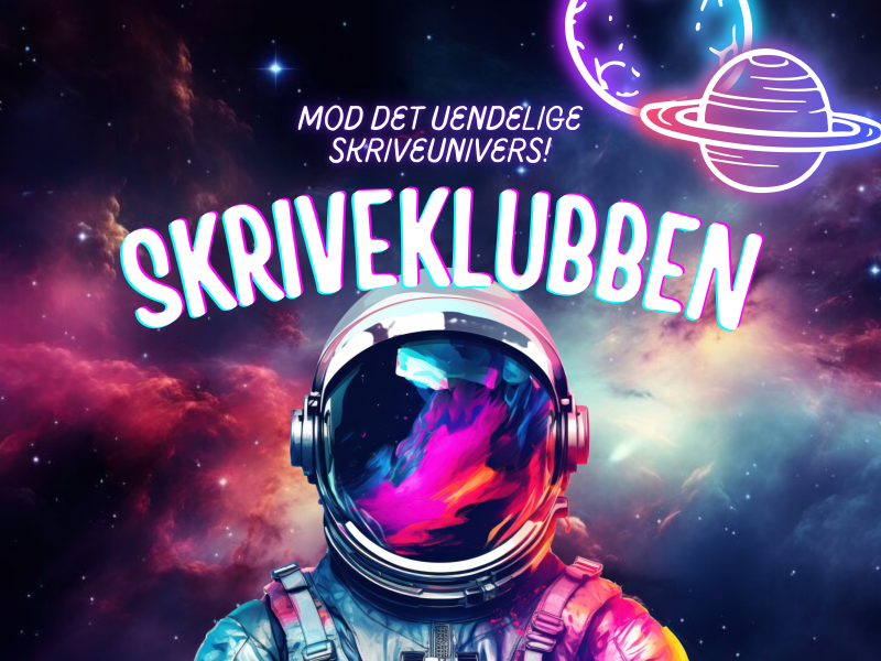 En astronaut står med en galaktisk baggrund. 