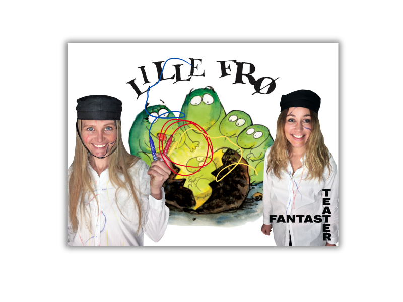En tegnet frøfamilie med to skuespillere påsat i hver side. 