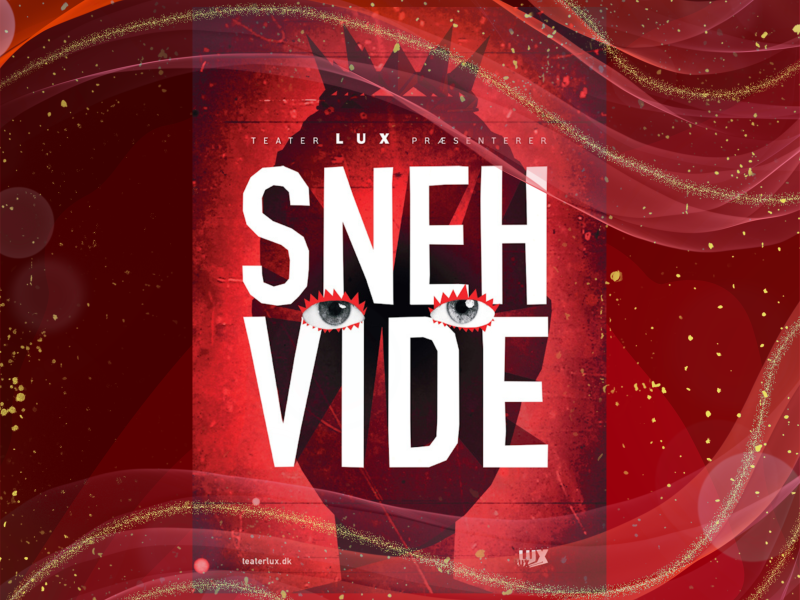 Collagebillede i røde nuancer, der forestiller et kvindehoved med en krone på og påsatte øjne.