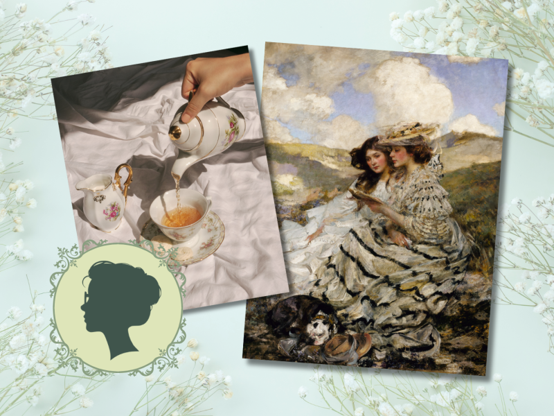 Miss Wiinholts logo og to billeder af henholdsvis te, der bliver hældt op og to kvinder, der læser sammen