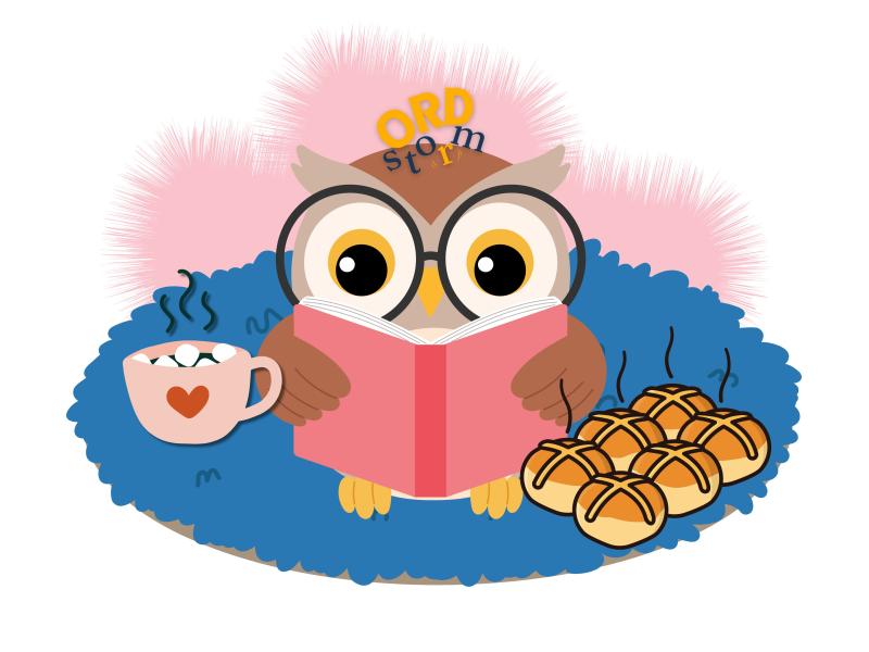 En ugle sidder og læser med kakao og lune boller.