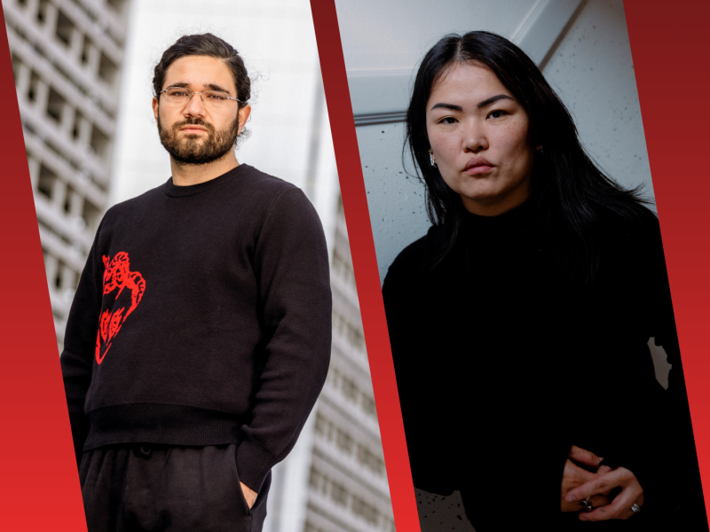 Rød baggrund med billeder af Deniz Kiy og Haena Laura Na Blankholm