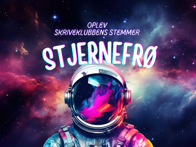 En astronaut står med en galaktisk baggrund. 