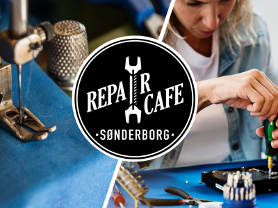 Blåt stof syes med symaskine, og kvinde reparerer elektronik. I midten ses Repair Café Sønderborgs logo.