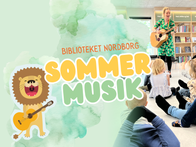 En kvinde med en guitar foran en gruppe børn, en animeret løve med en guitar og teksten sommermusik
