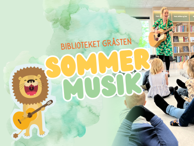 En kvinde med en guitar foran en gruppe børn, en animeret løve med en guitar og teksten sommermusik