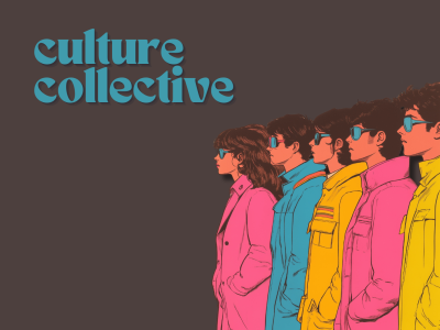Mørk baggrund, Culture Collective logo med fem unge mennesker, der ser mod højre, de har solbriller på