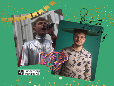 En mand med en mikrofon og en mand med en tromme på hovedet. 