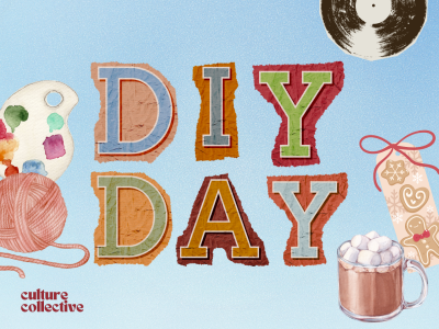 DIY DAY text with vinyl, painting, and hot chocolate with marshmellows on the side