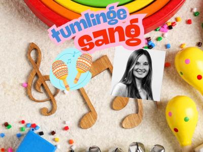 Et generisk billede med noder, rasleæg, perler og en regnbue i træ. Påsat billedet er teksten Tumlingesang samt et sorthvid foto af en kvinde. 