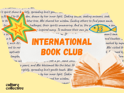 International Book Club logo written in orange on a grey and yellow background 