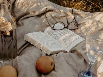En åben bog på et picnictæppe