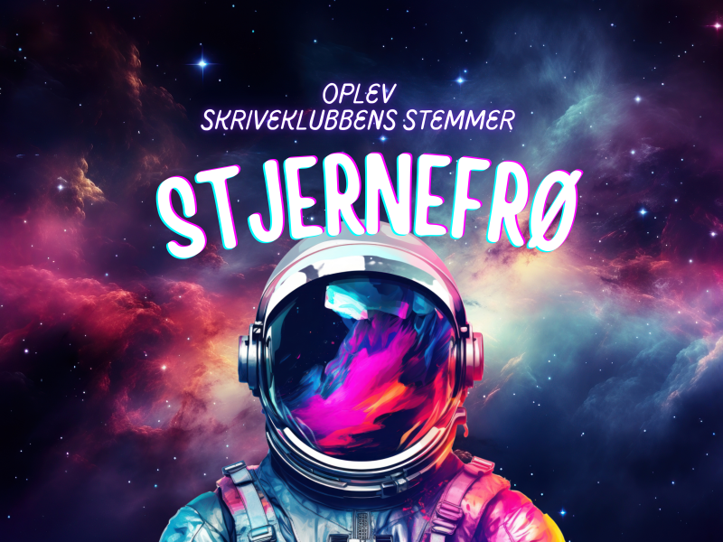 En astronaut står med en galaktisk baggrund. 