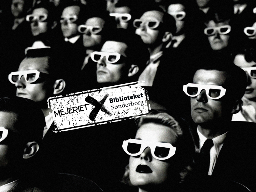 Black and white picture of people in a cinema with 3D-glasses on. There is the Mejeriet x Biblioteket Sønderborg-logo on