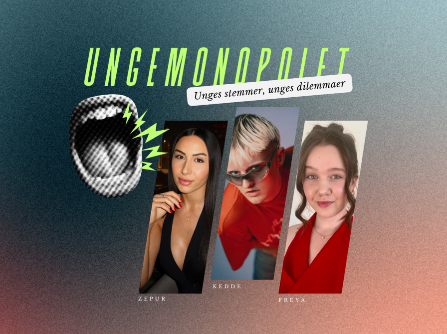 Zepur Sofia Margarian, Kedde og Freya Petersen vises på en lys og mørk baggrund. Øverst står teksten "Ungemonopolet: unges stemmer, unges dilemmaer" sammen med en åben mund