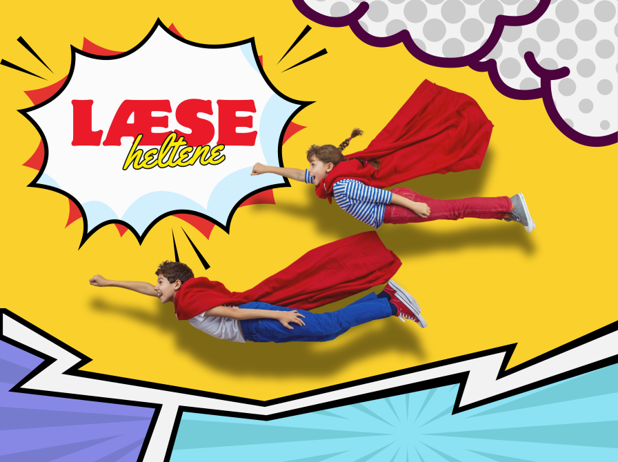 To børn i superheltekostumer flyver på en gul baggrund med indsatte tegneserieeffekter