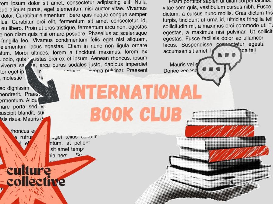 Grey field with words on, and a stack of red books being held in the front, the Culture Collective-logo is on