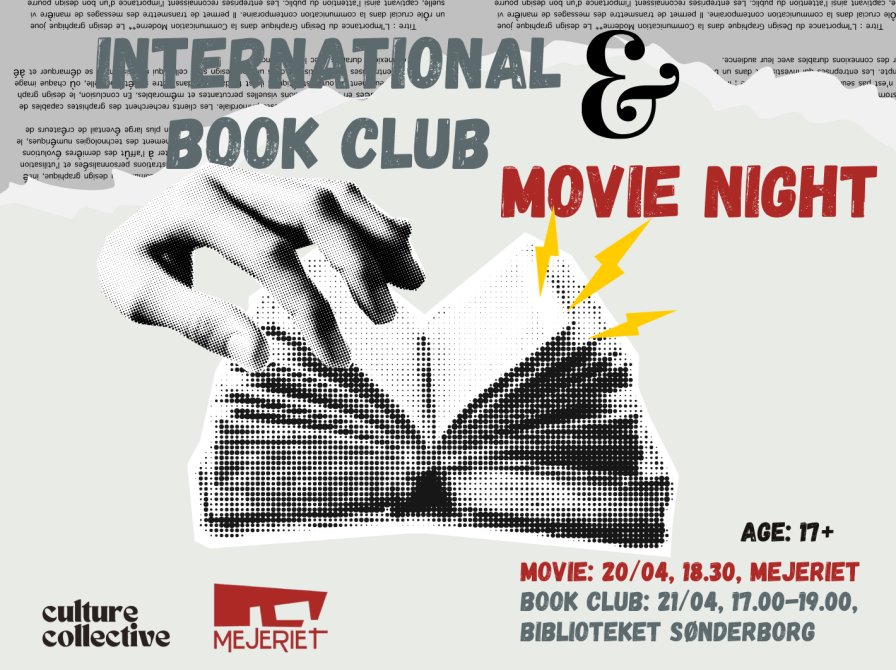 Grey field with an open book and a hand. The Culture Collective-logo is side by side with Mejeriet's logo