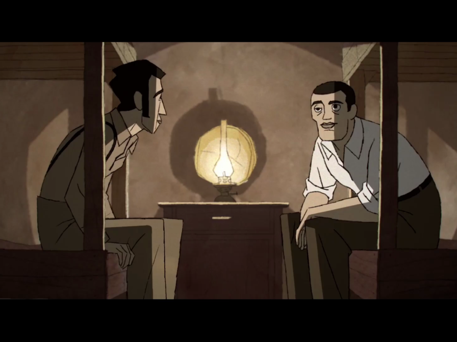 animationsfilm, to mænd sidder på bænke i et telt overfor hinanden