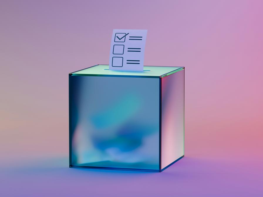 3D-illustration af en stemmeurne med en stemmeseddel med afkrydsningsfelter.