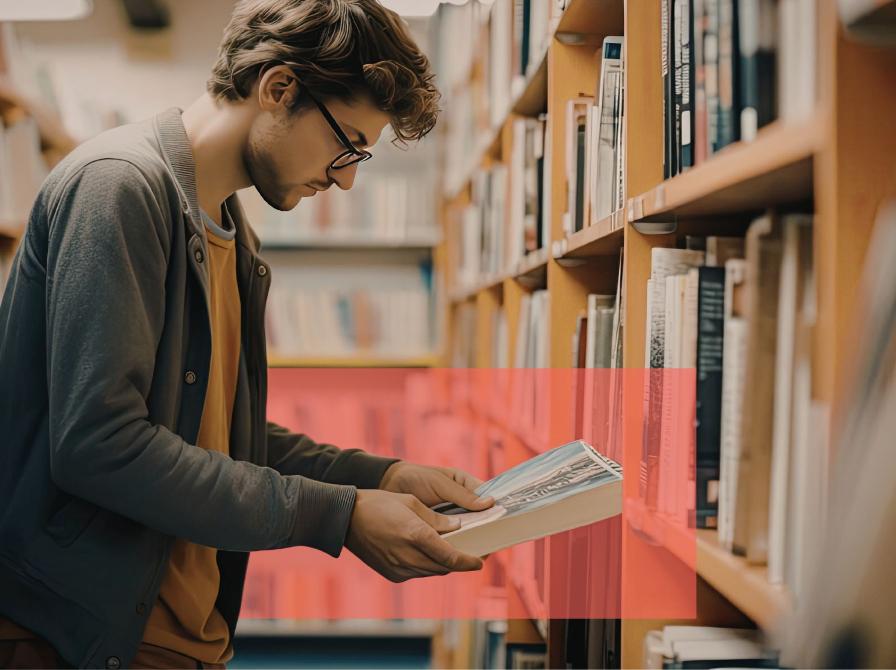 Ung mand ved bogreol undersøger en bog med blikket ned på forsiden.